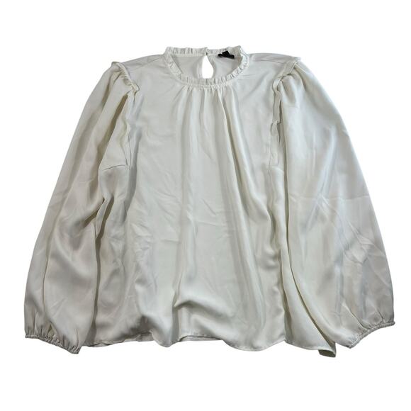 Ann Taylor XL Blouse Ruffle Neck Puff Sleeve Keyhole Back White Career Business - Picture 1 of 12